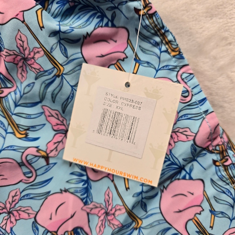 Happy Hour Swim Trunks Mens 2XL Blue Pink Flamingo Tropical Cypress NEW - Picture 5 of 7